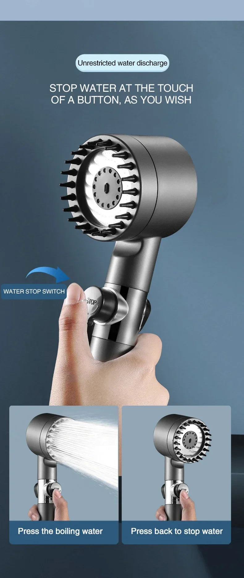 High Pressurized Filter Shower Head 3-mode Adjustable Spray with Massage Brush