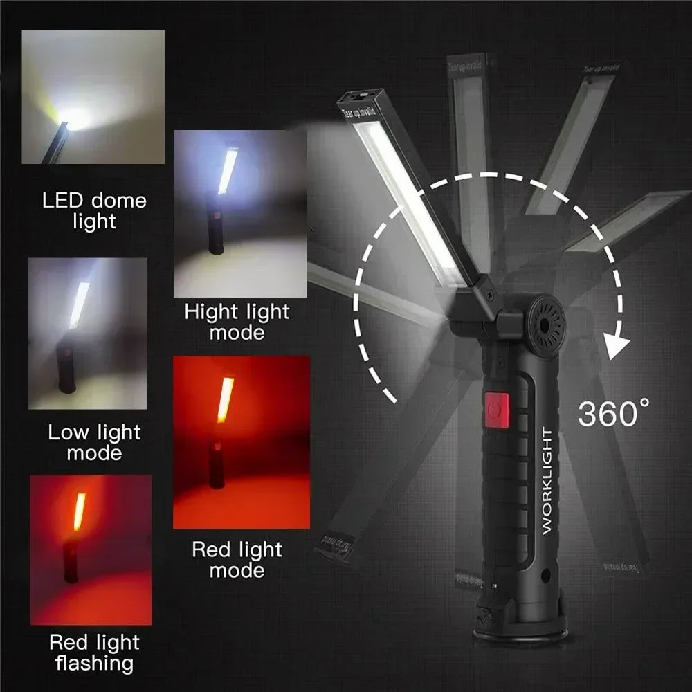 COB LED Work Light Dimmable USB Rechargeable LED Flashlight Inspection Lamp With Magnetic Hook Power Bank 18650 Battery Torch