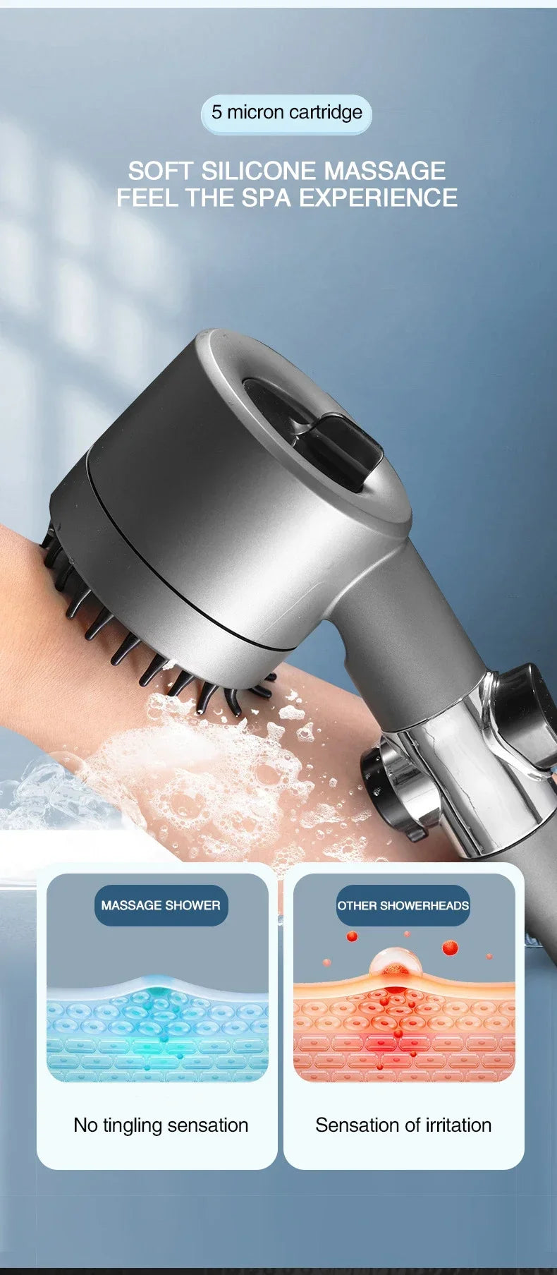 High Pressurized Filter Shower Head 3-mode Adjustable Spray with Massage Brush