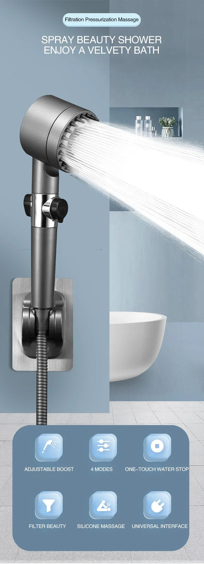 High Pressurized Filter Shower Head 3-mode Adjustable Spray with Massage Brush