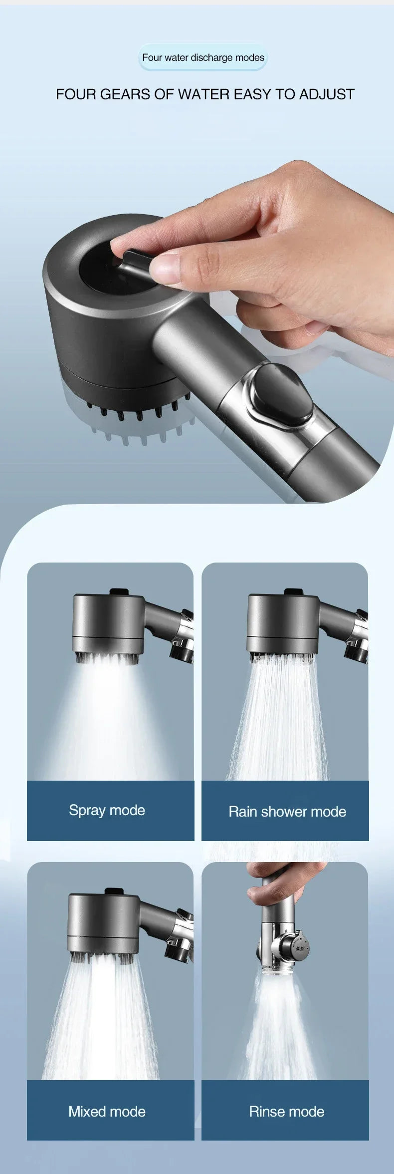 High Pressurized Filter Shower Head 3-mode Adjustable Spray with Massage Brush
