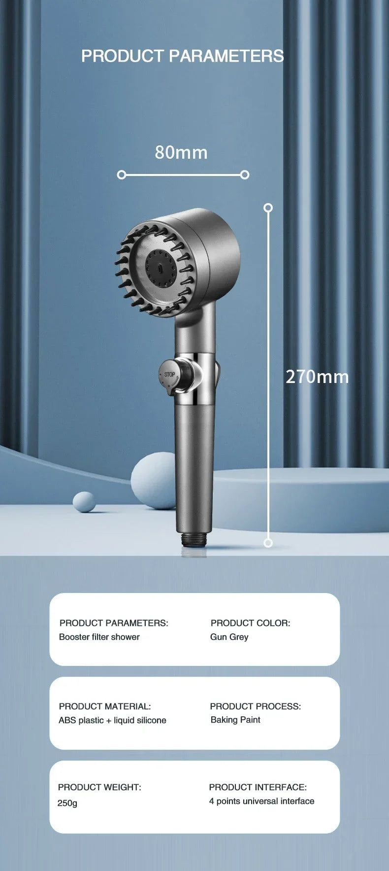 High Pressurized Filter Shower Head 3-mode Adjustable Spray with Massage Brush