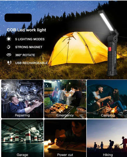 COB LED Work Light Dimmable USB Rechargeable LED Flashlight Inspection Lamp With Magnetic Hook Power Bank 18650 Battery Torch